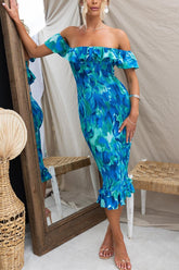Lost In Mykonos – Schulterfreies Midikleid mit Rüschen und Blumenmuster